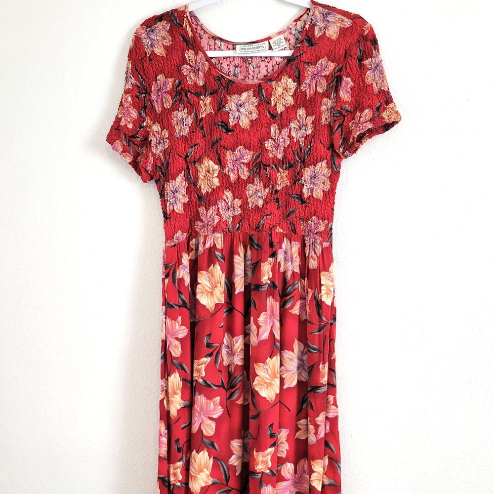 Petite Impressions Shirred Red Floral Sundress  Rayon  Size M EUC